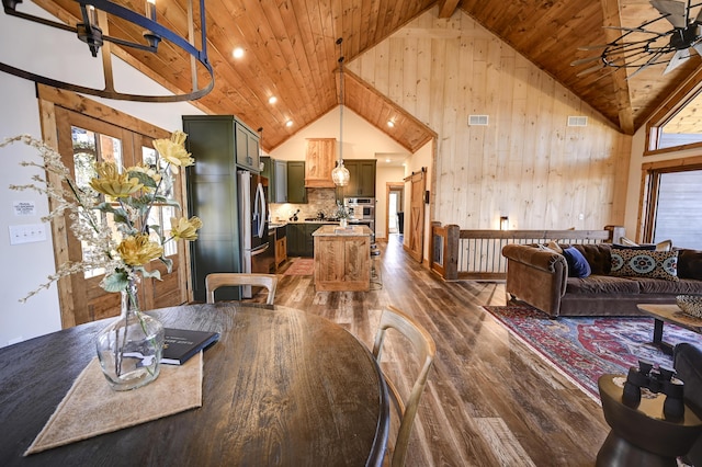 dining room featuring high vaulted ceiling, wood ceiling, dark wood-type flooring, and visible vents