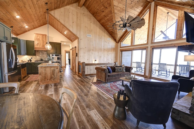 living area featuring high vaulted ceiling, wooden ceiling, dark wood-style flooring, visible vents, and a ceiling fan