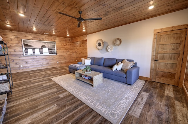 living room featuring wooden walls, wooden ceiling, ceiling fan, wood finished floors, and recessed lighting