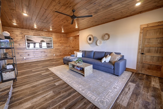 living area with wood ceiling, wooden walls, wood finished floors, and recessed lighting