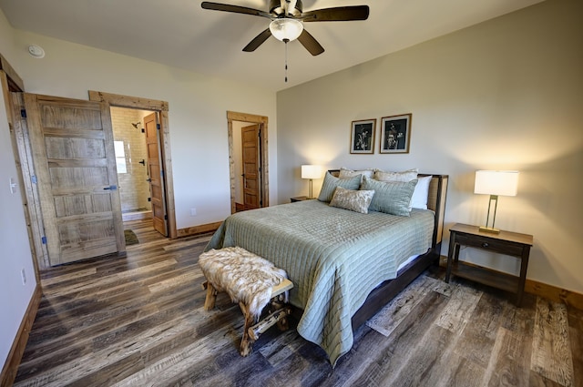 bedroom with ensuite bath, ceiling fan, baseboards, and wood finished floors