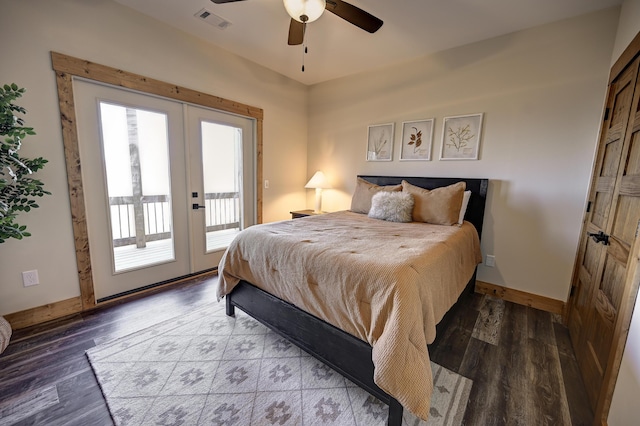 bedroom with french doors, wood finished floors, visible vents, and access to exterior