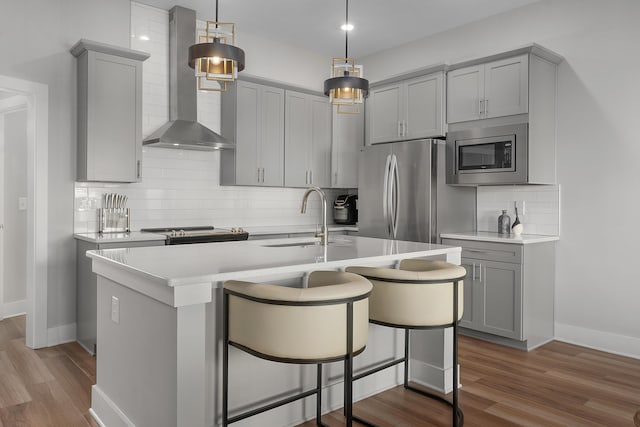 kitchen featuring wall chimney exhaust hood, gray cabinets, and stainless steel appliances