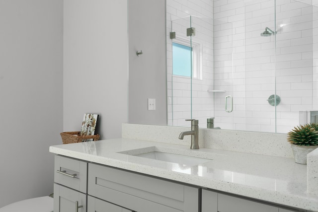 bathroom featuring toilet, a stall shower, and vanity
