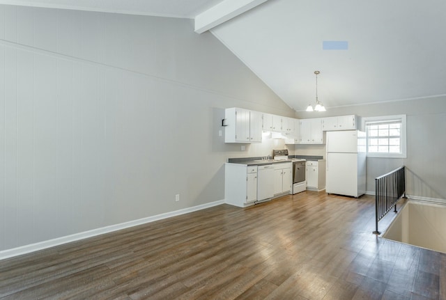 kitchen with white appliances, dark wood-type flooring, decorative light fixtures, white cabinetry, and beam ceiling