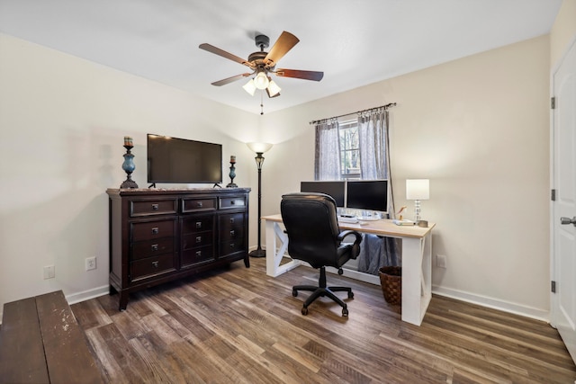 office space with wood finished floors, a ceiling fan, and baseboards