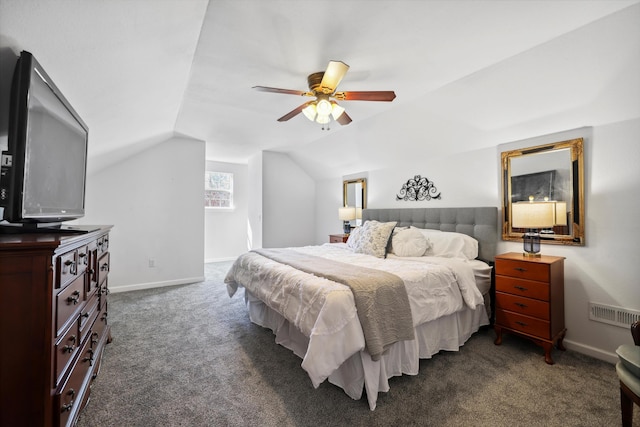 bedroom with lofted ceiling, visible vents, a ceiling fan, baseboards, and dark colored carpet