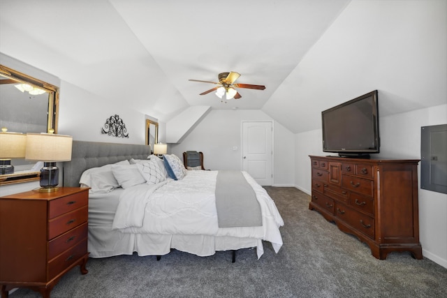 bedroom featuring carpet floors, ceiling fan, baseboards, and vaulted ceiling