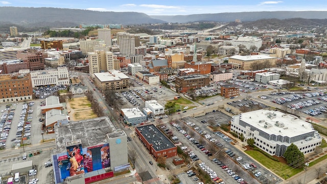 drone / aerial view featuring a mountain view