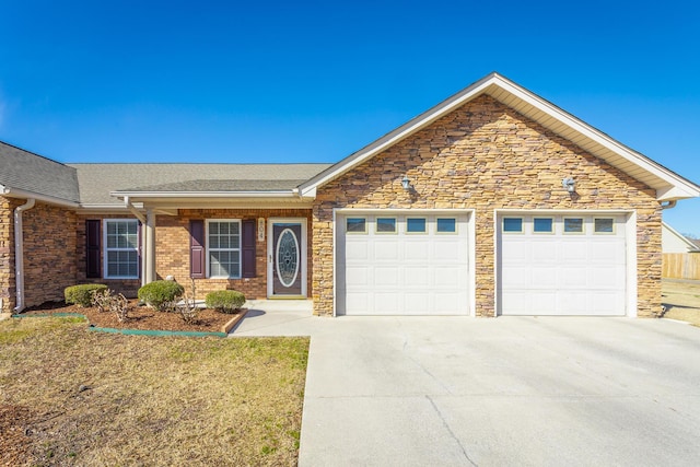 ranch-style home with driveway, a garage, and roof with shingles