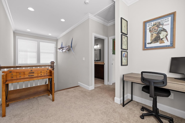 office area featuring baseboards, ornamental molding, recessed lighting, and light colored carpet