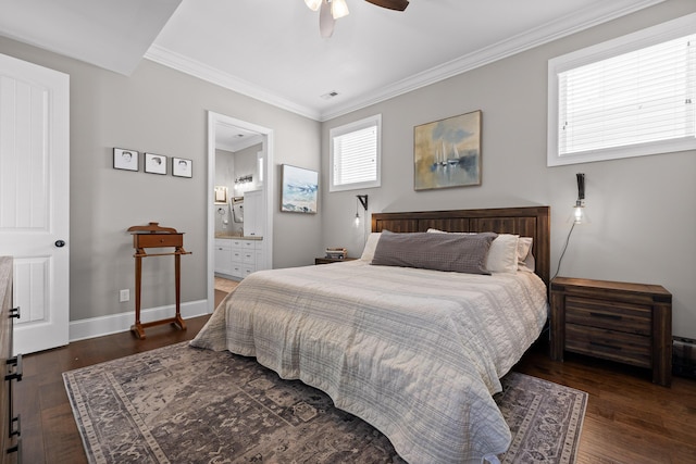 bedroom with ceiling fan, ornamental molding, wood finished floors, and baseboards