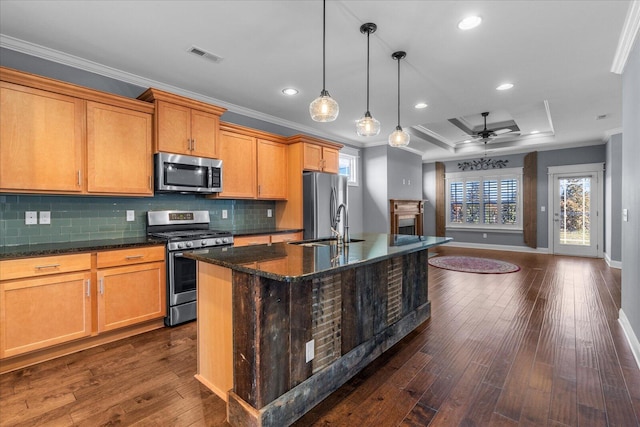 kitchen featuring a fireplace, stainless steel appliances, visible vents, dark wood-type flooring, and a sink