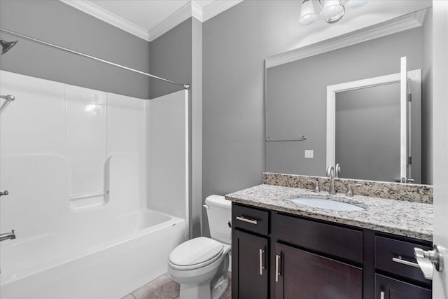 full bath with toilet, tub / shower combination, crown molding, and vanity