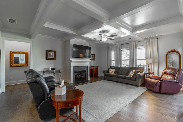 living area with visible vents, beam ceiling, a fireplace with flush hearth, coffered ceiling, and wood-type flooring