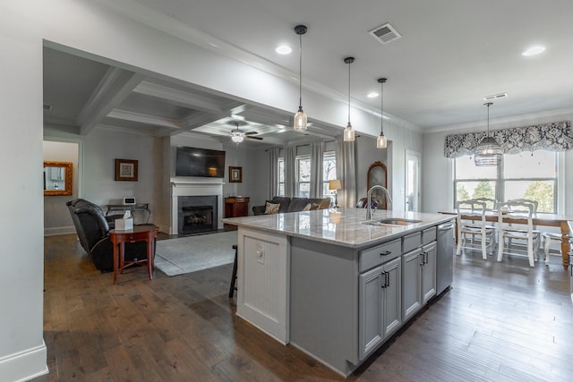 kitchen with stainless steel dishwasher, dark wood finished floors, visible vents, and a sink