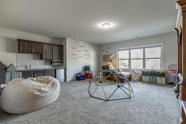 recreation room with carpet, visible vents, and a sink