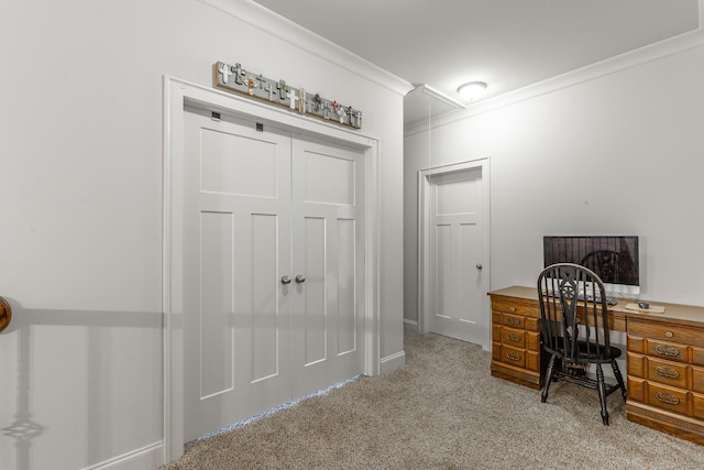 office area with carpet flooring, attic access, and crown molding