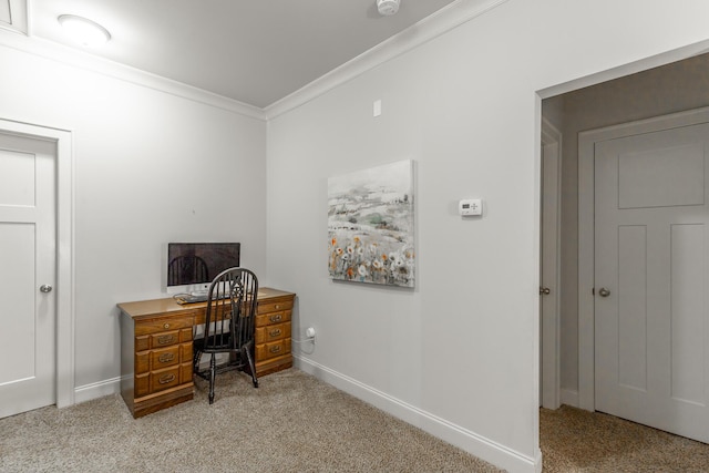 home office with light carpet, crown molding, and baseboards