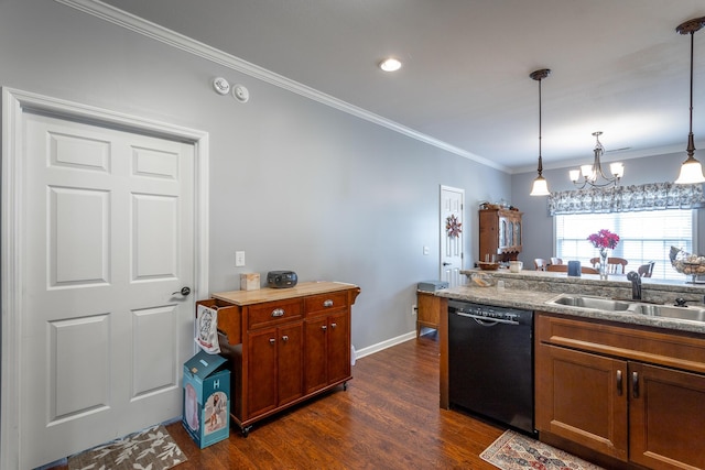 kitchen featuring hanging light fixtures, dark wood-type flooring, ornamental molding, a sink, and dishwasher