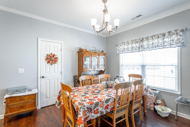 dining space featuring a chandelier, visible vents, baseboards, ornamental molding, and dark wood-style floors