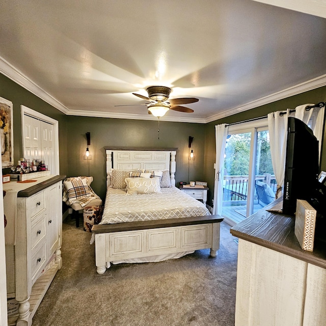 bedroom featuring ceiling fan, access to outside, dark carpet, and crown molding