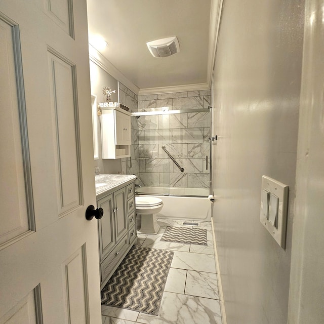 bathroom featuring enclosed tub / shower combo, toilet, visible vents, marble finish floor, and crown molding