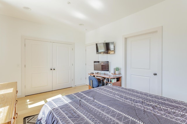 bedroom featuring light wood finished floors and a closet