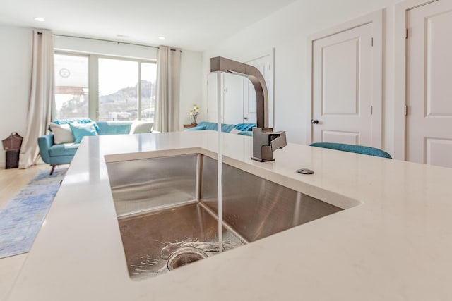 room details with light countertops, wood finished floors, a sink, and recessed lighting