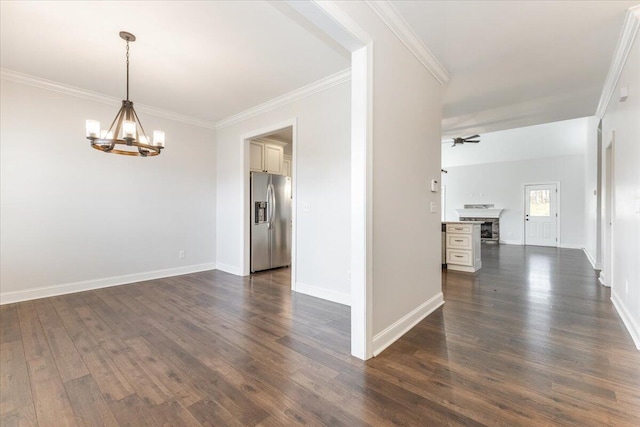 unfurnished room with ornamental molding, baseboards, and dark wood-style flooring