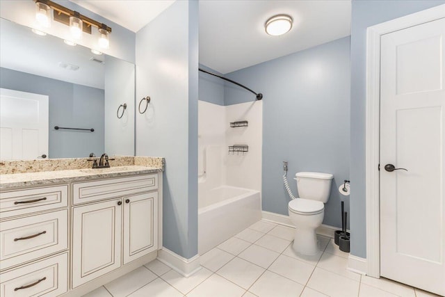 full bathroom with baseboards, toilet, shower / bathtub combination, tile patterned floors, and vanity