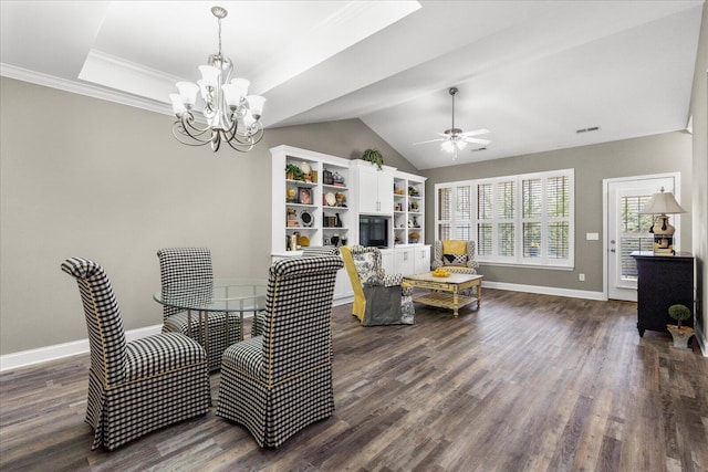 dining space with dark wood-type flooring, visible vents, baseboards, and ceiling fan with notable chandelier