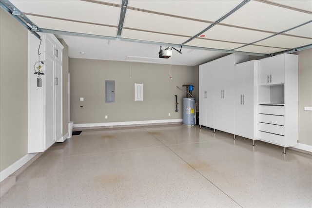 garage with water heater, baseboards, electric panel, and a garage door opener