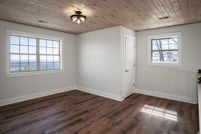 unfurnished room with wood ceiling, baseboards, dark wood-style flooring, and a wealth of natural light