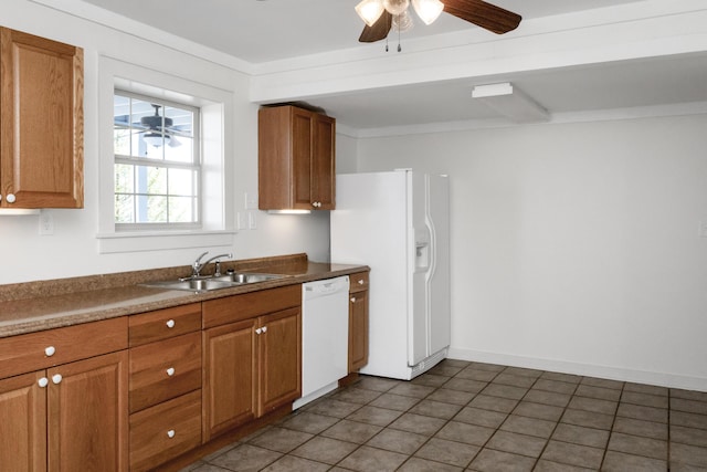 kitchen with baseboards, ceiling fan, brown cabinetry, white appliances, and a sink