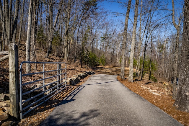 view of street with a gated entry, a view of trees, and a gate