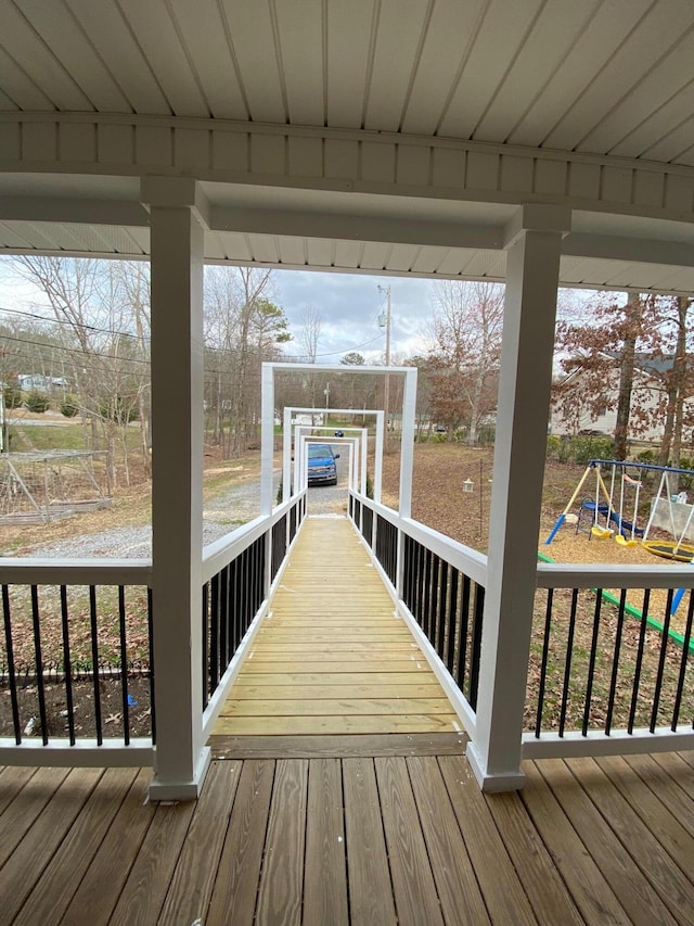 view of dock featuring a playground