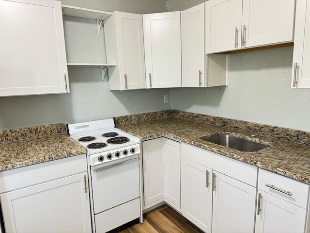 kitchen with white electric stove, dark wood-type flooring, a sink, white cabinetry, and open shelves