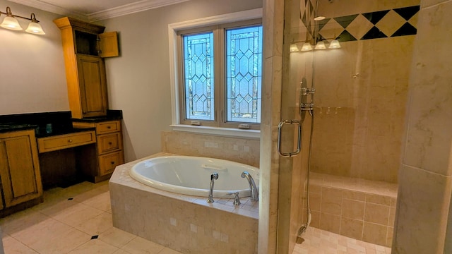 full bathroom with a stall shower, ornamental molding, a bath, and tile patterned floors