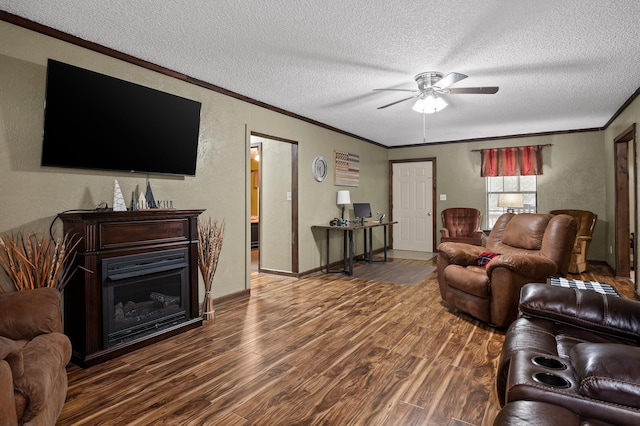 living area with a textured ceiling, a textured wall, dark wood-style flooring, a fireplace, and ornamental molding