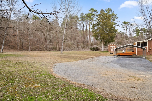 view of yard featuring an outbuilding, driveway, and a detached carport