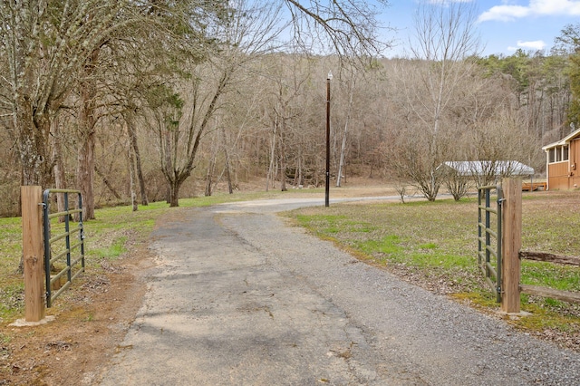 view of road with a forest view and a gated entry