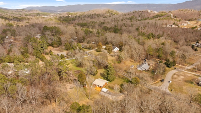 aerial view with a mountain view and a view of trees