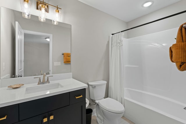 full bath featuring shower / bath combination with curtain, vanity, and toilet