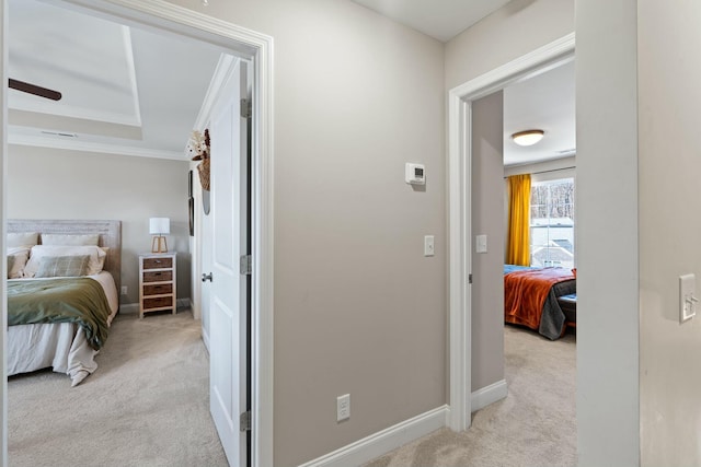 interior space with carpet, baseboards, and ornamental molding