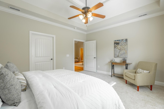 4581 Sweet Berry Ln, Ooltewah, TN 37363 - bedroom with light colored carpet, crown molding, a raised ceiling, and a ceiling fan