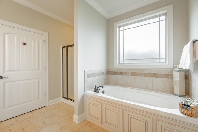 4581 Sweet Berry Ln, Ooltewah, TN 37363 - bathroom with a garden tub, crown molding, a shower stall, and tile patterned floors