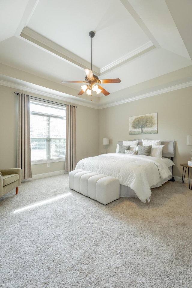 4581 Sweet Berry Ln, Ooltewah, TN 37363 - carpeted bedroom featuring a tray ceiling, ceiling fan, and crown molding