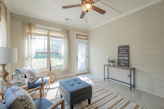 4581 Sweet Berry Ln, Ooltewah, TN 37363 - living area with light tile patterned floors, crown molding, and ceiling fan