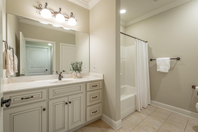 4581 Sweet Berry Ln, Ooltewah, TN 37363 - full bath featuring vanity, tile patterned flooring, crown molding, and shower / bath combination with curtain